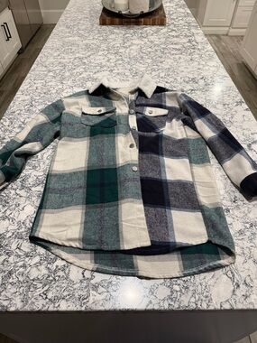 Women’s Plaid Sherpa-Lined Button-Up Shirt Jacket - Green & Navy